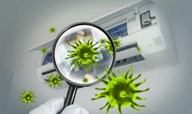 3D simulation of viruses inside the air conditioner by showing through a magnifying glass