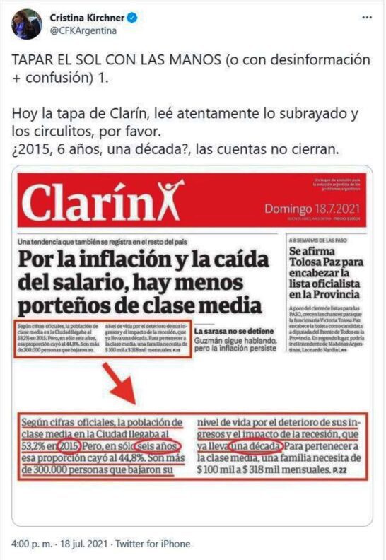 Cristina Kirchner no acepta el deterioro de la clase media