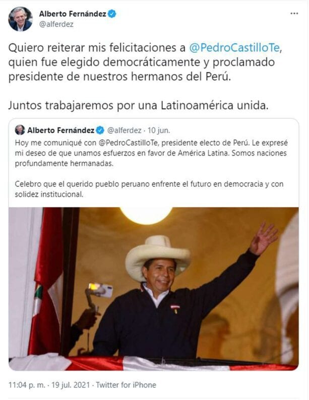 Dios los crea: Alberto Fernández y Cristina Kirchner felicitaron a Pedro Castillo presidente de Perú
