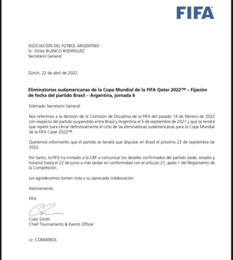 FIFA: el partido suspendido entre Brasil y Argentina se deberá jugar en Septiembre