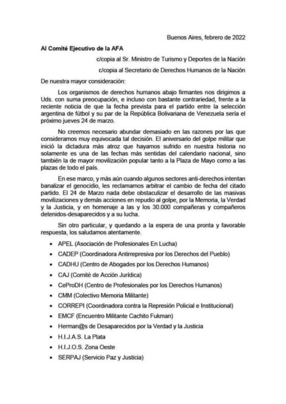 Organismos de Derechos Humanos solicitaron a la AFA el cambio de fecha de Argentina-Venezuela por Eliminatorias
